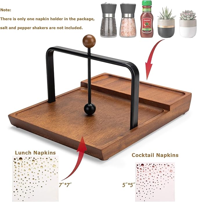 Black Wooden Napkin Holder, Multifunctional Farmhouse Napkin Holder for Table, Kitchen, Outdoor Use, Includes Space for Salt and Pepper Shakers (Seasoning Jar Not Included)