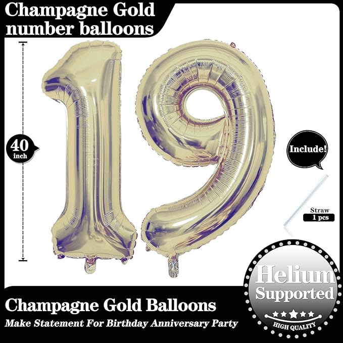 Champagne Gold 19 Number Balloons, 40 Inch Giant Number 19 Balloons Foil Mylar Helium Light Gold Number Balloons for 19th Birthday Party Supplies Anniversary Event Celebration Decorations