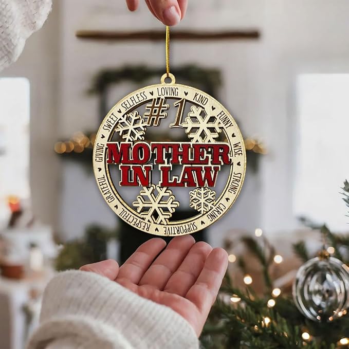 #1 Mother-in-Law Wooden Christmas Ornament – Rustic Holiday Tree Hanging Decoration, Unique for Mother-in-Law, Stocking Stuffer Keepsake