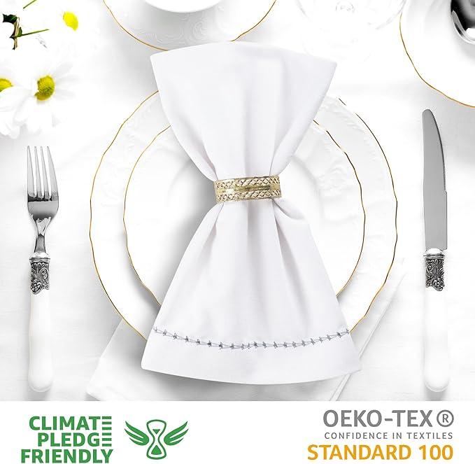 Urban Villa Cloth Napkin Set of 12 Hemstitch White Grey 20x20 Inches Premium Soft Cotton Highly Absorbent Reusable & Washable Dinner Table Napkins for Home and Weddings