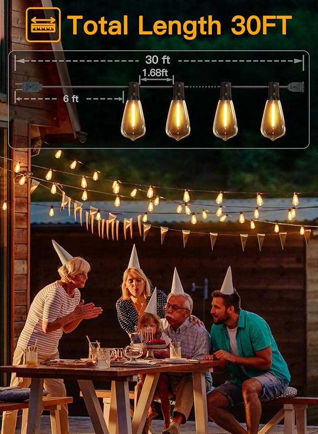 Ollny Outdoor String Lights 30FT, Shatterproof Connectable Patio Lights with 15+1 Spare ST38 Vintage Bulbs, 2200K Warm White Waterproof Outside Hanging Light for Camping Yard Gazebo Porch Balcony