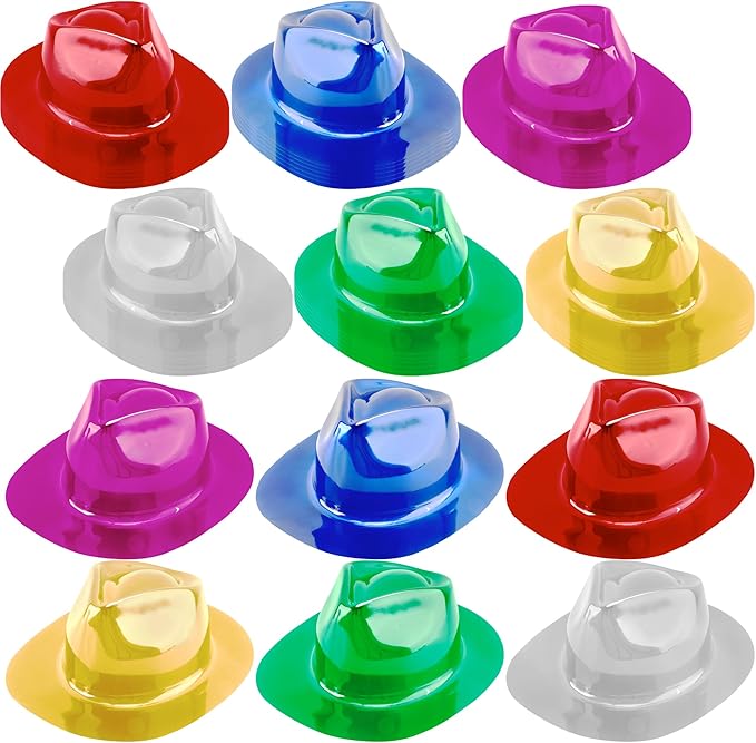 42 Pcs Plastic Party Hat Bulk Neon Fedora Party Hat Colorful Gangster Hats Metallic Party Hats for Men Women Kids Costume Accessory, 6 Colors