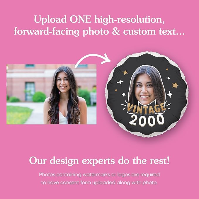 Big Dot of Happiness Personalized Vintage Birthday Photo Balloon, Custom Fun Face Cutout Head, Milestone Birth Year, Black & Gold Party Decoration, Double-Sided Mylar Balloon, 1 Piece