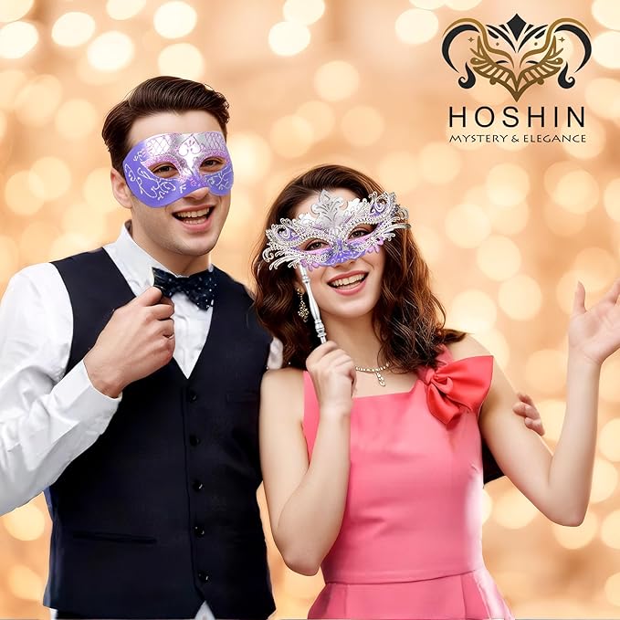 Hoshin Masquerade Mask for Couple, Mardi Gras Deecorations Venetian Masks with Stick for Womens