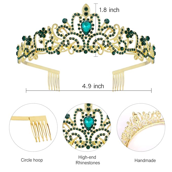 Velscrun Princess Crown - Green Tiara & Sash Set for Princess Birthday Party Decorations