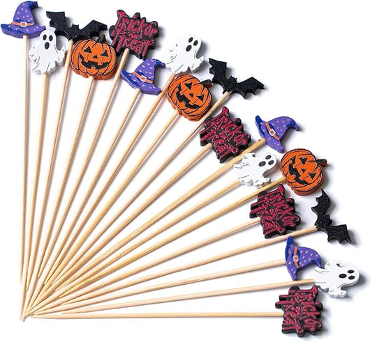 PuTwo Halloween Cocktail Picks 4.7 Inch 100pcs Bamboo Fancy Skewers Toothpicks for Appetizers Food Drink Fruit Sandwich BBQ Halloween Cocktail Party Charcuterie Boards Accessories Party Supplies