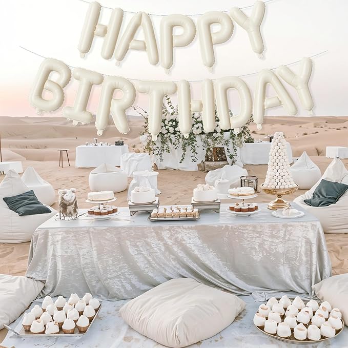 Cream Happy Birthday Balloon Banner, Neutral Beige Happy Birthday Foil Balloon, 16 Inch Ivory White Sand Born Day Bunting Banner Letter Balloons for Men Women Birth Party Decorations Supplies
