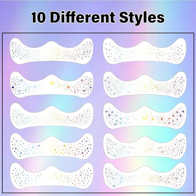 10 Pcs Face Holographic Laser Makeup Patches, Holographic Multichrome Glitter Freckles Face Tattoo, Glitter Freckles, Sparkle and Waterproof Face Glitter Temporary Tattoos for Women