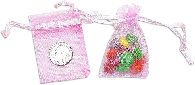 TheDisplayGuys 100-Pack XS 2 x 2 3/4" Pink Sheer Organza Gift Bags with Drawstring, Jewelry Candy Treat Wedding Party Favors Mesh Pouch