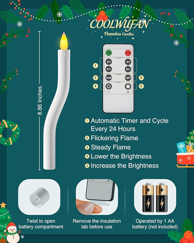 COOLWUFAN Christmas Window Candles, 3 Pcs Flameless Taper Candles with Remote Timer, Battery Operated Dripless LED Flickering 3D Flame, Holiday Decor for Home, Party (Black Base)