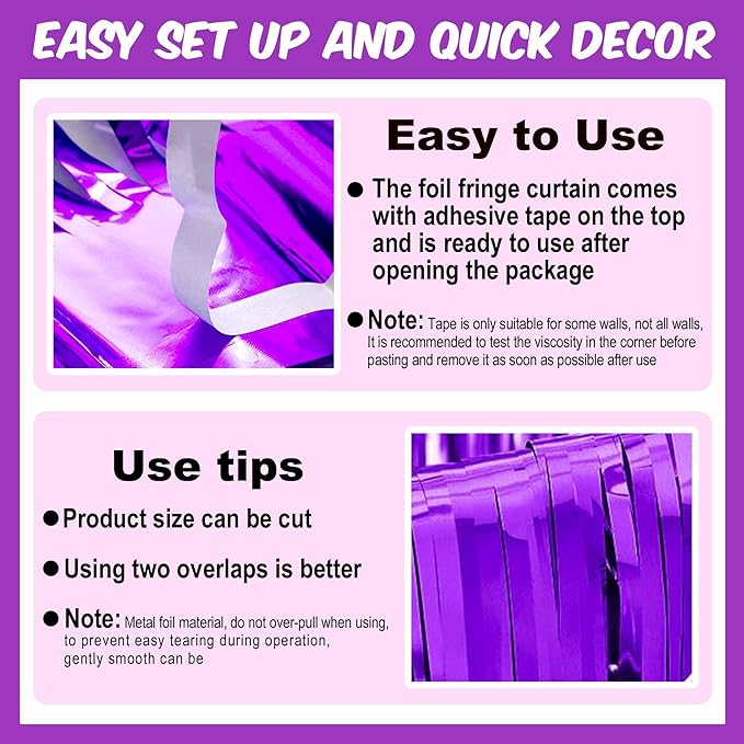 3 Pack Purple Foil Fringe Curtains Backdrop, 3.28 x 6.6 Ft Metallic Streamers Tinsel Curtains Background for Photo Booth, Birthday, Halloween, Christmas, Thanksgiving, New Year Party Decorations