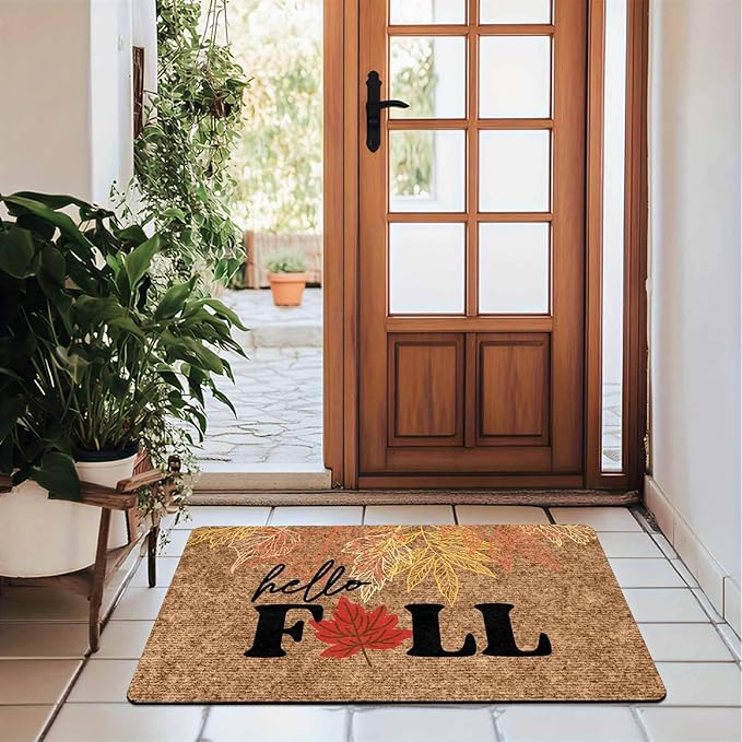 Hello Fall Door Mat, Fall Maple Leaves Welcome Mat for Indoor Outdoor Entrance Floor Mats Non Slip Vintage Doormat for Autumn Halloween Thanksgiving Farmhouse Decor, 24"x16"inch
