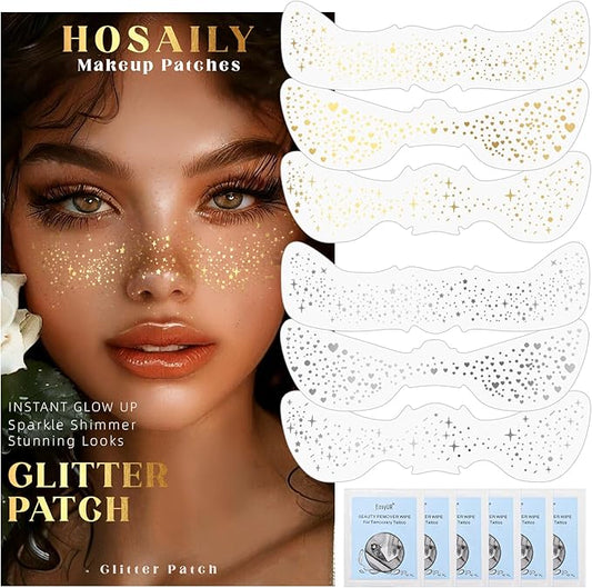 6 PCS Glitter Freckles Face Tattoo, Gold & Silver Waterproof Face Sparkle Speckles Patches for Women, Cute Star Metallic Glitter Temporary Tattoo Makeup Accessories for Festival #Set B