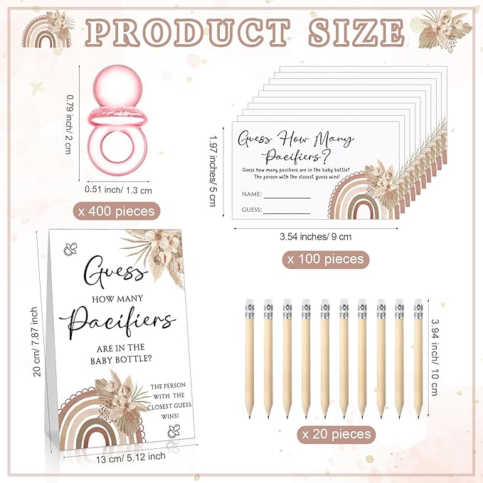 Roowest 512 Pcs Baby Shower Games Guess How Many Pacifiers Sign 100 Small Guessing Games 10 HB Pencils 750ml Milk Bottle 400 Acrylic Pacifiers Decoration for Guest Gender Reveal(Pink,Sunshine)