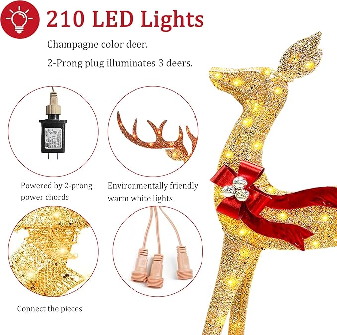 2025 New 3D 58 Inch Outdoor Lighted Reindeer Decorations, 3-Piece Christmas Deer Family Set, Large Christmas Deer Decoration with 210 LED Flashing Lights for Yard, Lawn, Gold
