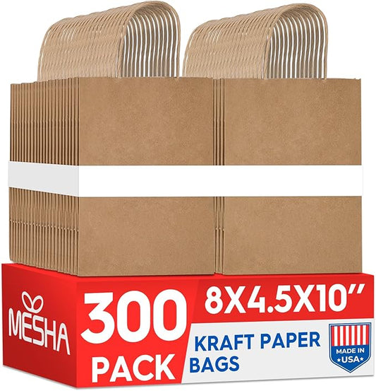 MESHA Gift Paper Bags 300 PACK 8x4.25x10.5'' Brown Medium Shopping Kraft Bags Bulk with Handles Reusable for Business,Grocery,Birthday,Wedding,Kids Party,Favors