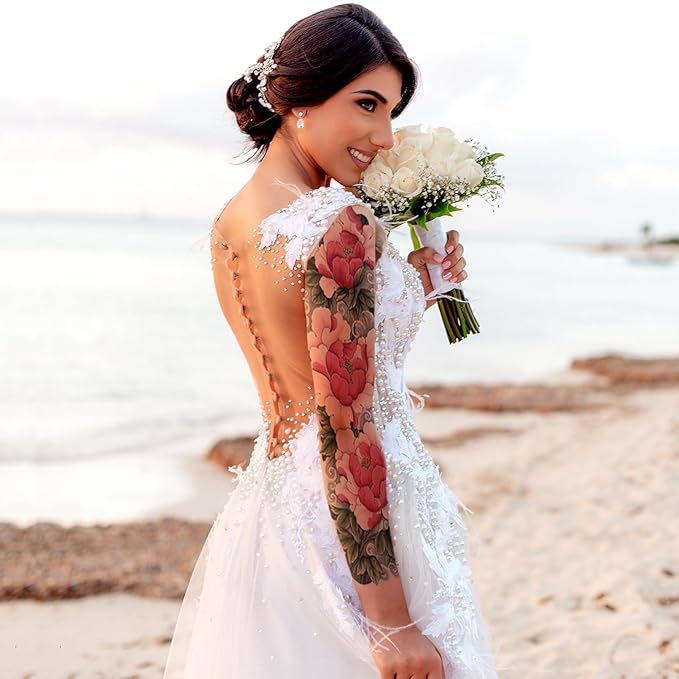 Aresvns Spring Sleeve Temporary Tattoo for women and gils, Beautiful Floral Waterproof Fake Tattoo,Roses Peacock Temp tatoo for BBQ Pool Beach Party