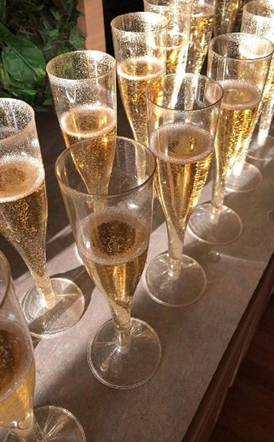 Oojami 100 Plastic Classic Champagne Disposable Flutes for Parties Plastic cups Wedding Party Toasting Cocktail Cups Bulk Party Pack (Gold Glitter)