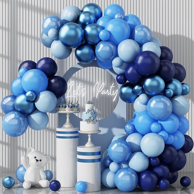 Blue Balloon Garland Arch Kit 12 Inch 90 Pcs Metallic Chrome Pearl Baby Light Dark Royal Blue Latex Balloons for Winter Wonderland Baby Shower Birthday Wedding Ocean Party Decor