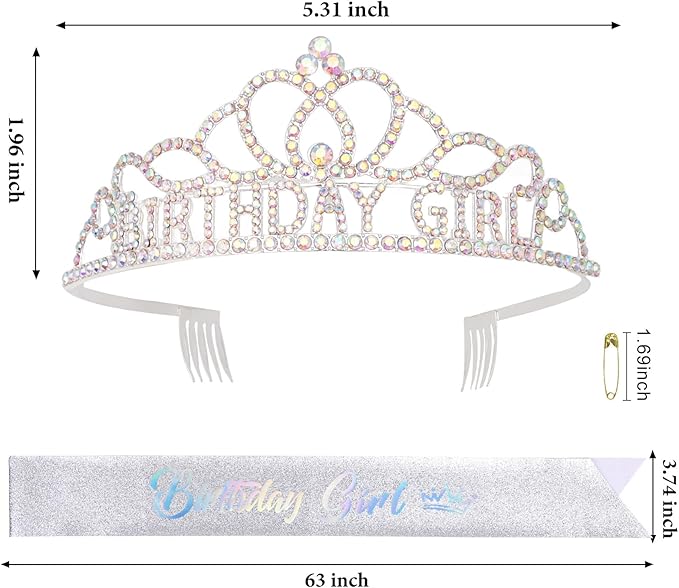 CAVETEE Birthday Headband for Women，Silver Birthday Crowns & Sash - Queen Tiara for Party
