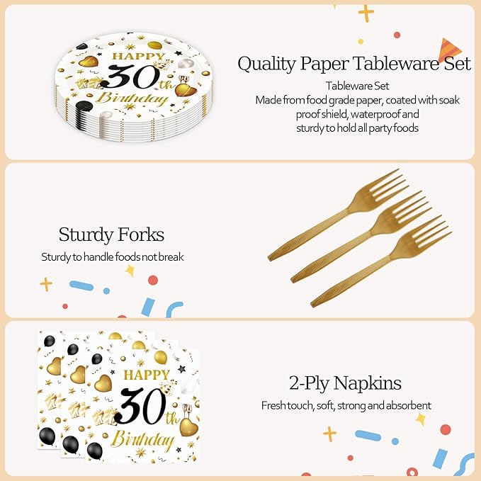 75PCS 30th Birthday Plates and Napkins Party Decorations, 7 Inch White and Gold Happy 30th Birthday Paper Dessert Cake Plates and Napkins Set Disposable Tableware Party Favors for Women Men