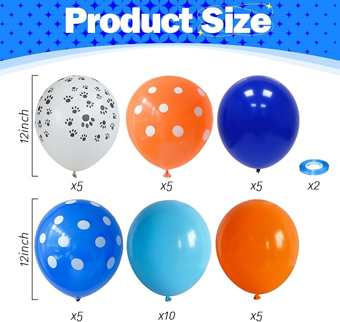 Blue and Orange Balloons Set, 12 Inch Orange Royal Pastel Dark Blue Balloon with Paw Print Balloons for Boys Girls Dog Puppy Paw Theme Decor Baby Shower Birthday Party Decorations Supplies
