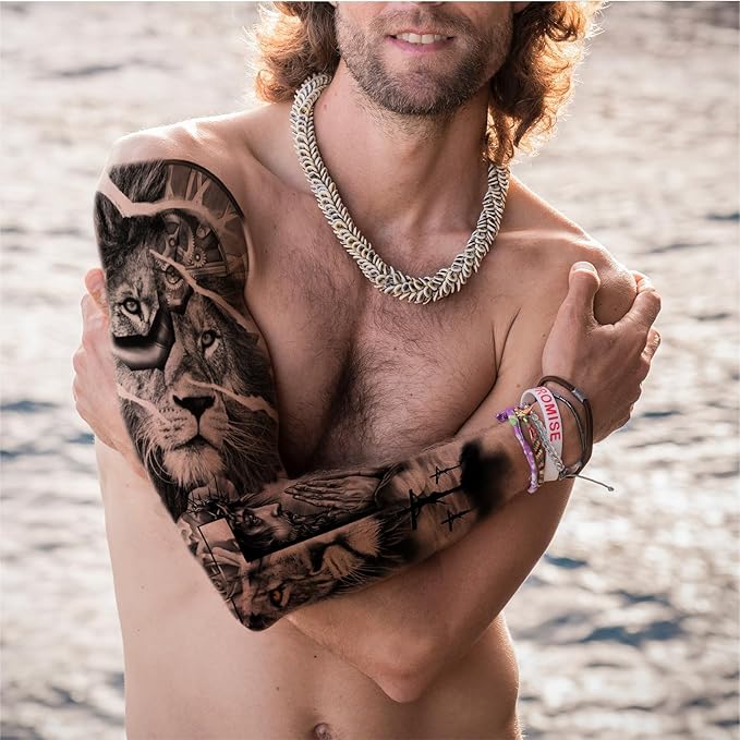 Christian Cross Temporary Tattoo Sleeve for Men, 4-Sheet Full Arm Large Religious God Jesus Fake Tattoo Sleeve Women Adult and 4-Sheet Realistic Lion Cross Christ Pray Half Temp Tatoo Sticker Leg Body