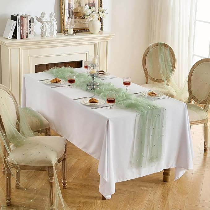 Fanami 6 Pack Pearl Table Runner -10FT Sage Green Boho Tulle Table Runners 120 Inches Long Rustic Sheer Lace Fabric Centerpieces for Wedding Arch Birthday Party Bridal Veil Baby Shower Decorations