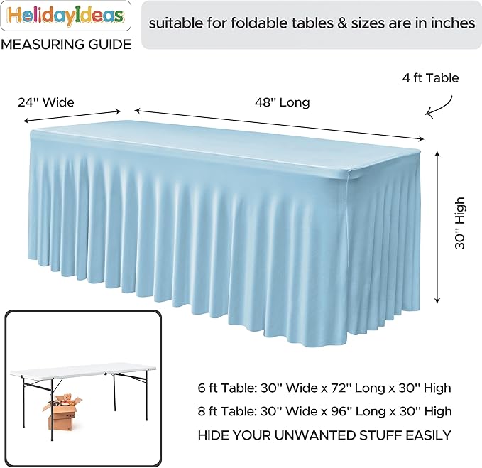 HolidayIdeas Spandex Table Skirts for Rectangle Tables 4 Ft, Fitted Stretch Table Cover 24x48 Inch, Wrinkle-Free Ruffle Design Tablecloths for Banquets,Trade Shows, Parties, Events, 4 Pack, Baby Blue