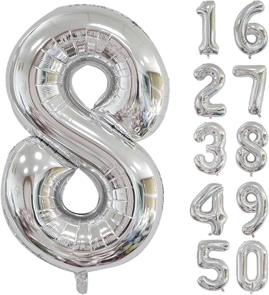 40 inch Silver Number Balloon Giant Foil Helium Balloons Silver Number 8 Balloon for 8th Birthday Party Anniversary Decorations Supplies