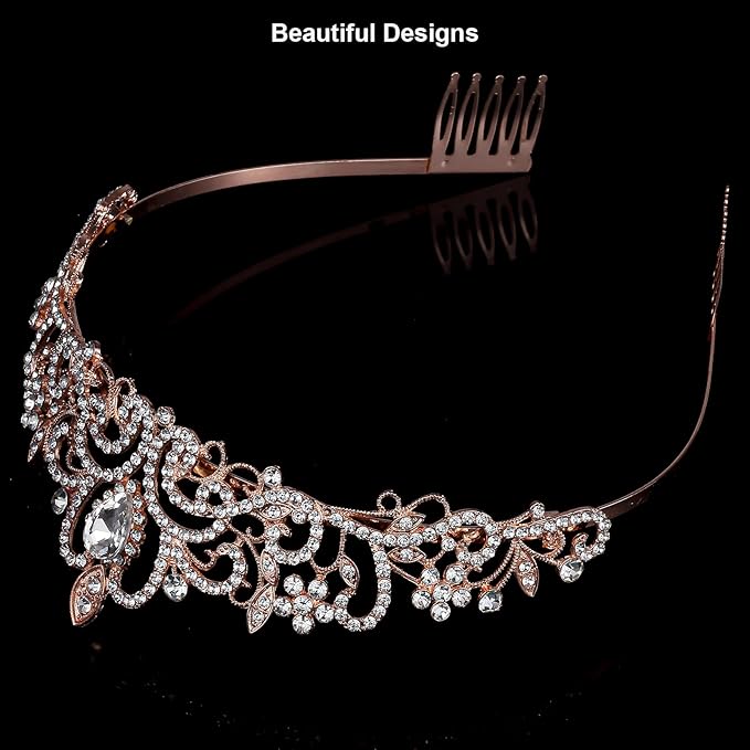 Tiara Crowns for Women,Princess Crown for Girls Crystal Queen Tiaras for Birthday Christmas Costume Bride Wedding Prom-Rose Gold