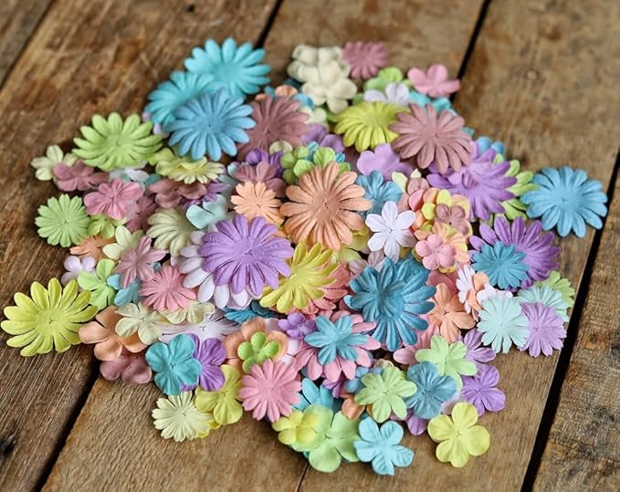 100 Pcs Handmade Mixed Flowers Mulberry Paper Flowers 18 mm - 1.5 Inch Scrapbooking Wedding DIY Craft Supplies Card (Pastels Tone)