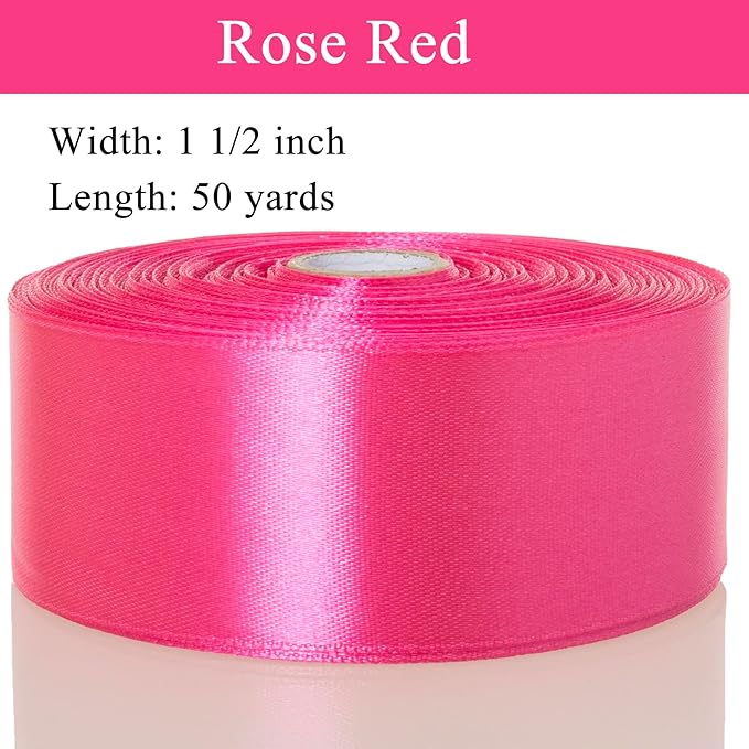 1 1/2 Inch Rose Red Solid Satin Ribbon, 50 Yards Craft Fabric Ribbon for Gift Wrapping Floral Bouquets Wedding Party Decoration
