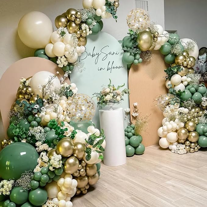 Sage Green White Gold Balloon Arch Kit, 166Pcs Sage Green White Sand Gold Metallic and Gold Confetti Balloons Garland for Baby Shower Gender Reveal Wedding Jungle Safari Party Decoration