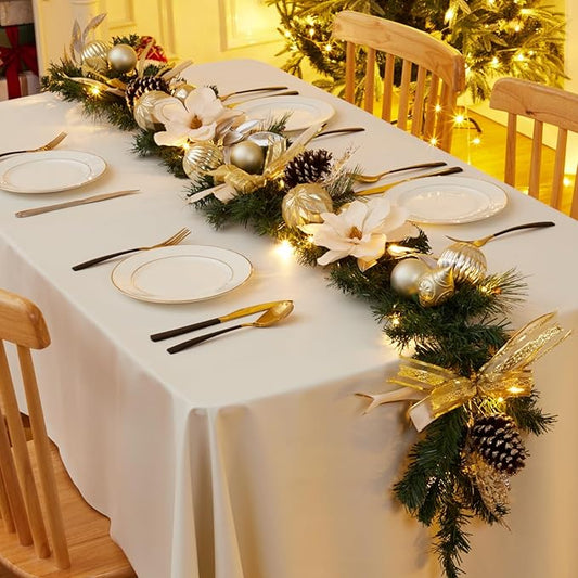 GarveeHome 6 ft Christmas Garland with Lights for Mantle, Lighted Battery Operated Christma Garland with Gold Balls Pine Cones Magnolia Flowers for Table Centerpiece Fireplace Window Outdoor Decor