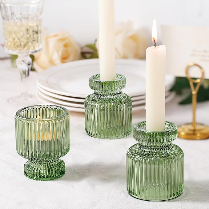 DARJEN 6 Pcs Green Candlestick Holders - Glass Taper Candle Holders Tealight Votive Candle Holders for Table Centerpieces, Wedding, Dinner Party, Home, Gifts