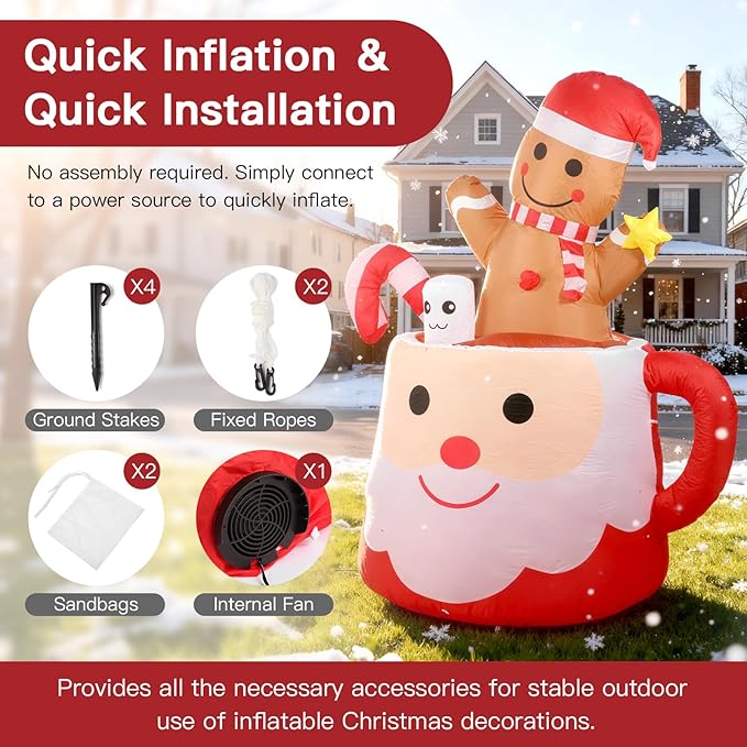 6FT Gingerbread Christmas Inflatables Decorations Outdoor，Blow Up Christmas Decoration Gingerbread Man Mug with Built-in LEDs Lights for Indoor Holiday Party Yard Garden Lawn Décor