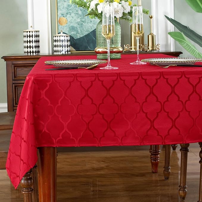 SASTYBALE Jacquard Christmas Tablecloth Flower Pattern Polyester Christmas Table Cloth Spill Proof Wrinkle Resistant Table Cover for Xmas Holiday Party Decor (Rectangle, 60" x 84" (6-8 Seats),Red)