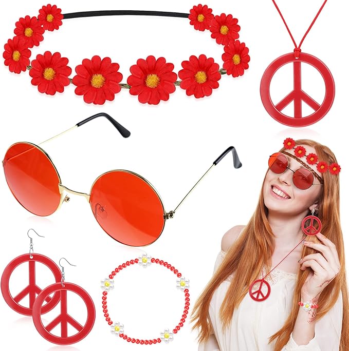 Batiyeer 6 Pcs Hippie Costume Accessories Set, Boho Peace Sign Daisy Flower 60s 70s Party Favors Decor for Groovy Party Women(Red)