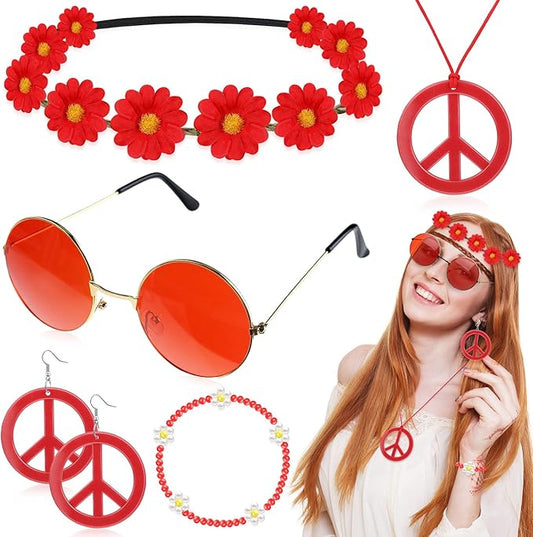 Batiyeer 6 Pcs Hippie Costume Accessories Set, Boho Peace Sign Daisy Flower 60s 70s Party Favors Decor for Groovy Party Women(Red)