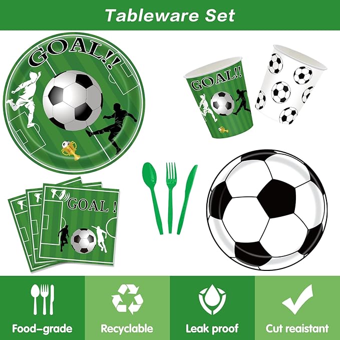 168 Pcs Soccer Theme Party Supplies Set, Plates, Cups, Napkins, Tablecloth and Banner, Sports Birthday Decorations for 24 Guests