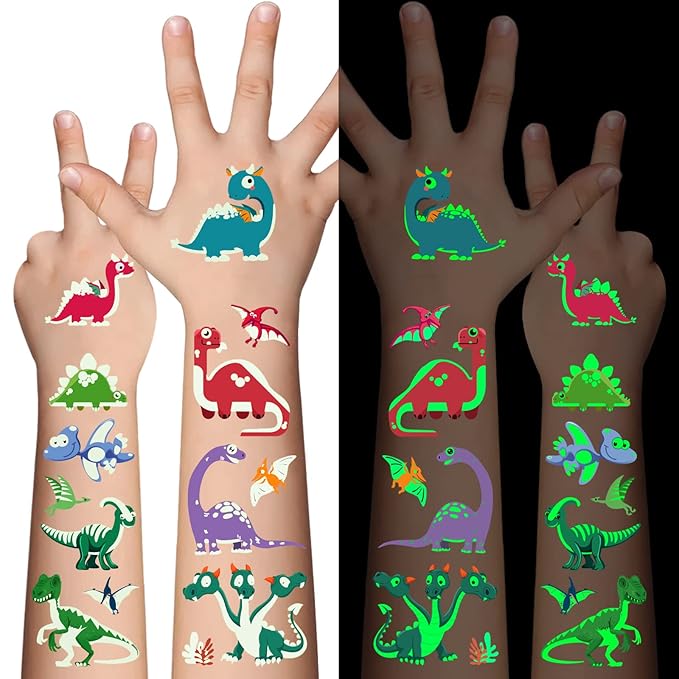 Dinosaur Glow Temporary Tattoos for Kids,Dinosaur theme Luminous Tattoos Stickers,Glow In The Dark Tattoos for Boys and Girls,Face Makeup Fake Tattoo,Holiday Party Supplies Gifts for Children