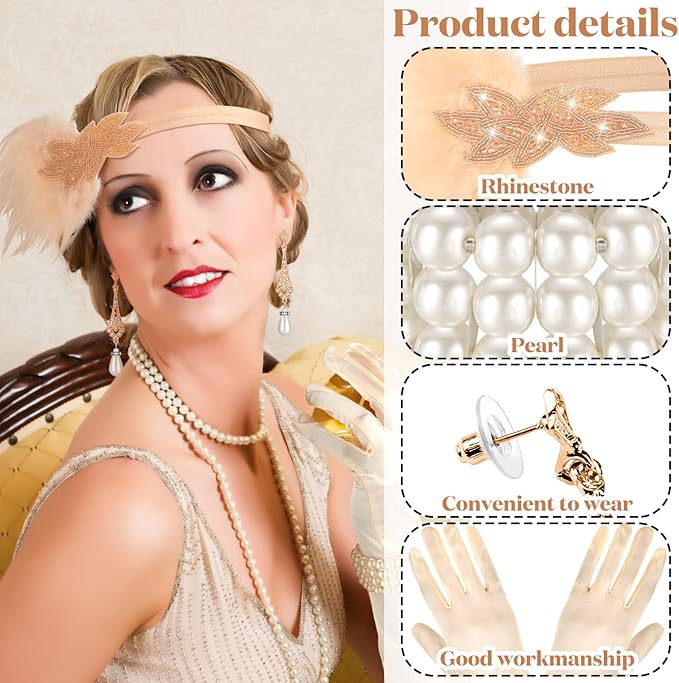 Maitys 1920s Accessories Set for Women Flapper Costume Feather Headband Necklace Bracelet Earrings