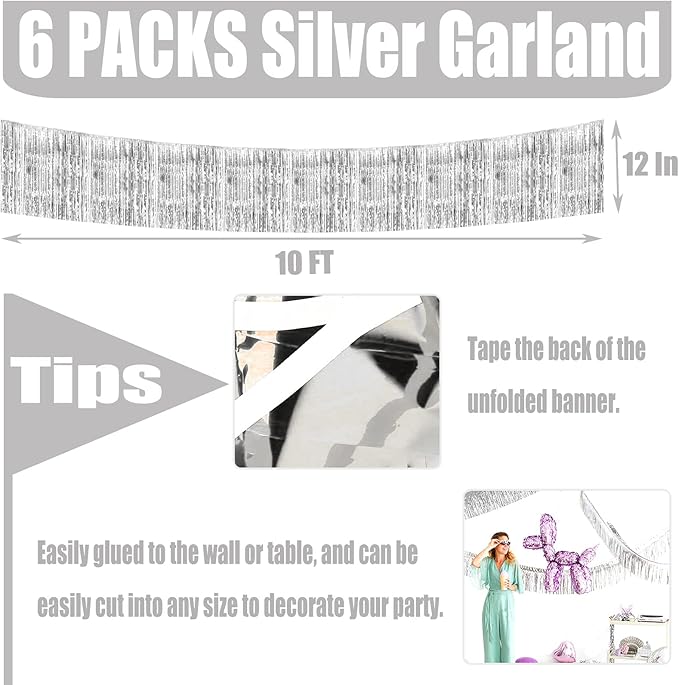 6 Pack 10 Feet Foil Fringe Garland Metallic Tinsel Streamers Banner Wall Hanging Curtain Backdrop for Parade Floats, Bachelorette, Wedding, Birthday, Halloween, Christmas Party Decorations(Silver)