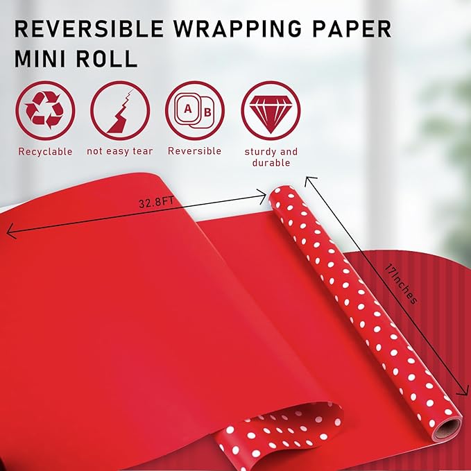 Yarcony Polka Dots Reversible Wrapping Paper Roll - 17 Inch x 33 Feet - Classic Red and White Christmas Polka Dot Holiday Winter Themed Wrapping Paper for Holidays, Birthday, Party, New Year, Wedding