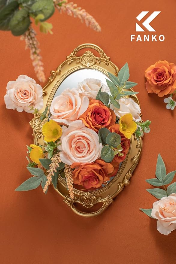 FANKO Rose Artificial Flowers Combo for DIY, Fake Orange Rose Silk Flowers Greenery, Faux Flowers for Wedding Bridal Bouquet, Baby Shower, Table Centerpieces, Floral Arrangement, Party Home Decoration