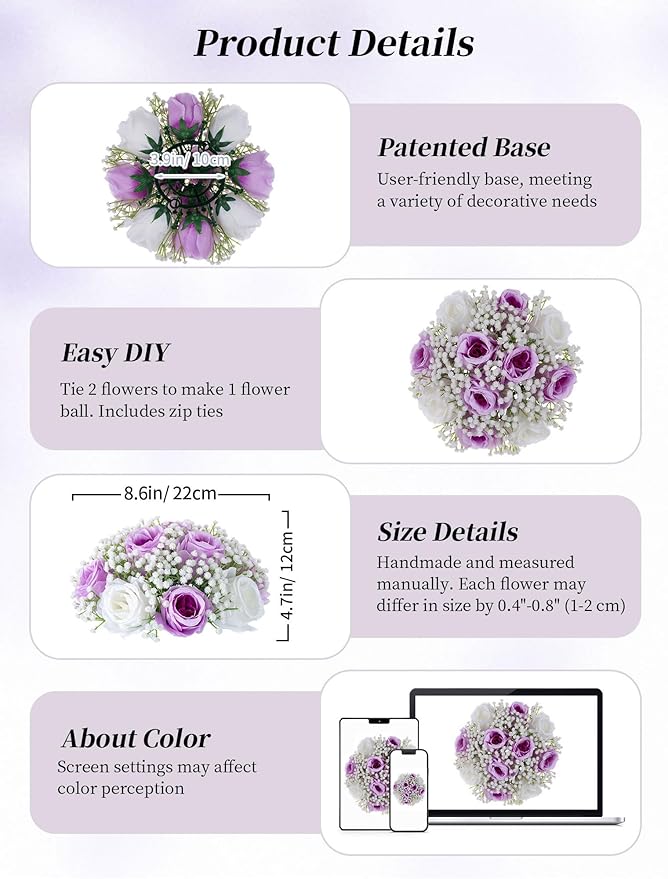 BLOSMON Fake Flowers Ball Centerpieces: 2 Pcs Lilac Rose Babys Breath Artificial Flowers Decoration for Wedding Table - Faux Silk Kissing Floral Bouquet Arrangements for Home Party DIY Decor