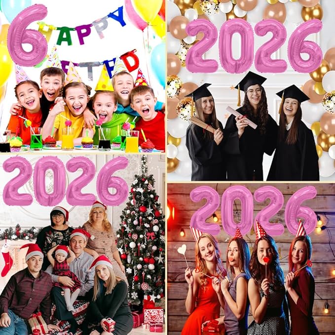 2026 Balloons, 2026 Number Balloons, 2026 Pink Balloon, Foil Happy New Year Balloon for New Year Eve Party Supplies 2026 Graduation Decorations Anniversary Birthday Home Office Decorations, 16 Inch