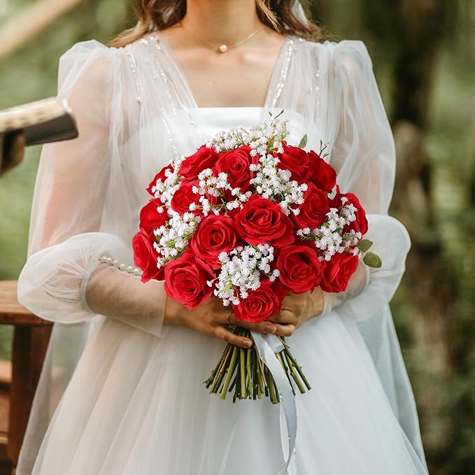 Tifuly 100 Pcs Red Roses Artificial Flowers Bulk, Realistic Long Stem Fake Silk Roses Bouquet for Wedding Centerpiece Table Vases Party Home Kitchen Decor