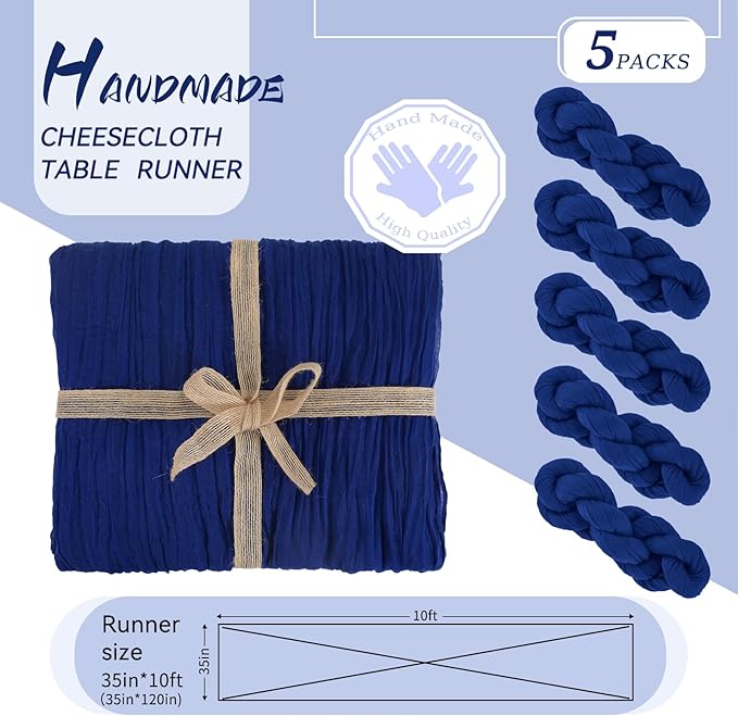 5 Packs Cheesecloth Table Royal Blue, 10Ft x 35" Dark Blue Rustic Gauze Boho Wedding Table Runner Decoration, Wedding Table Decor Table Cloth for Wedding Party Bridal Shower Table